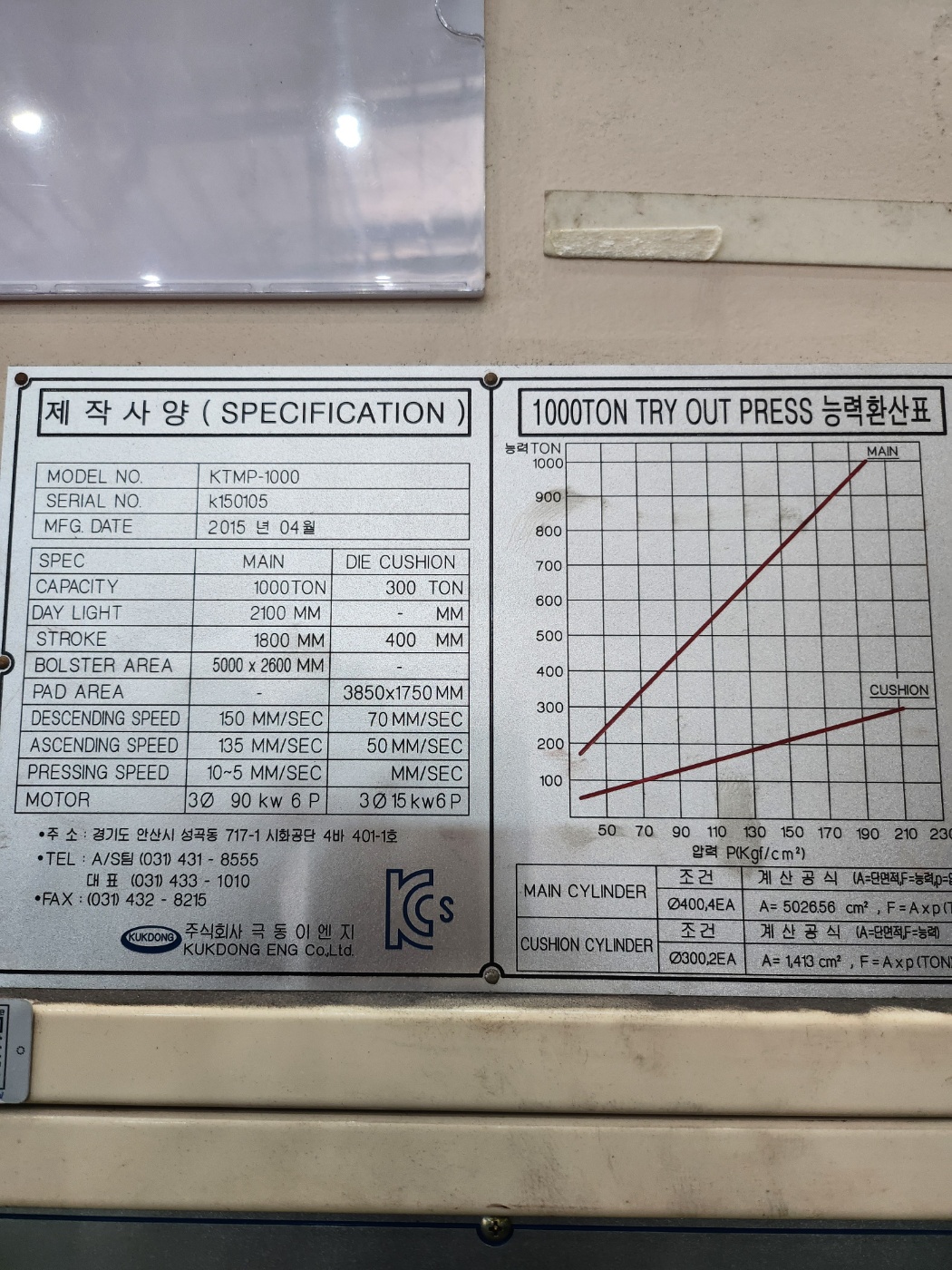 극동 유압프레스 트라이아웃 1000톤-다이쿠션 有 (2015년 4월)